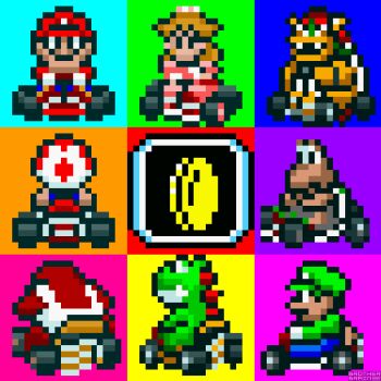 1girl animated animated_gif banana_peel blonde_hair bowser coin donkey_kong_(series) donkey_kong_jr. facial_hair feathers flower kart koopa_troopa long_hair lowres luigi mario mario_(series) mario_kart multiple_boys mushroom mustache nintendo pixel_art princess_peach shell simple_background super_mario_bros._1 toad_(mario) tongue tongue_out yoshi