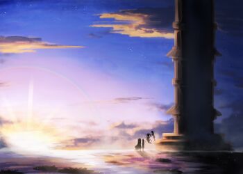 5girls absurdres cloud commentary_request divine_spirit_mausoleum dress earmuffs from_behind ghost_tail hagoromo hat highres kaku_seiga miyako_yoshika mononobe_no_futo multiple_girls outdoors pointy_hair reflection reflective_liquid scenery shawl soga_no_tojiko sunrise takana_(forsterite) tate_eboshi touhou tower toyosatomimi_no_miko water