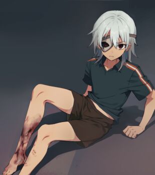 1boy black_shorts blood blood_on_leg collarbone collared_shirt dot_nose ebi_(shrimp_eleven) foot_out_of_frame hair_behind_ear hair_between_eyes inazuma_eleven inazuma_eleven_(series) injury male_focus midriff_peek parted_lips red_eyes sakuma_jirou shadow shirt shorts solo t-shirt white_hair