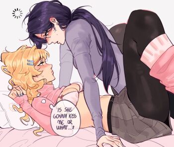 2girls black_pantyhose blonde_hair blue_hair blue_nails blush bra breasts clorinde_(genshin_impact) clothes_lift commentary earrings english_commentary english_text genshin_impact glasses grey_shirt grey_skirt hair_ornament hairclip highres jewelry leg_warmers loading_icon long_hair long_sleeves low_ponytail lying multiple_girls navia_(genshin_impact) on_back on_bed pantyhose pink_leg_warmers pink_sweater ponytail shirt shirt_lift signature skirt sweater underwear very_long_hair white_bra wiistef yuri