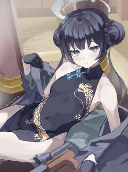 1girl artist_name bare_shoulders black_gloves black_hair blue_archive braid braided_base braided_bun bug bun_with_braided_base butterfly butterfly_hair_ornament china_dress chinese_clothes closed_mouth commentary covered_navel cowboy_shot dot_nose double_bun dragon_print dress expressionless gloves grey_eyes grey_halo grey_jacket hair_bun hair_ornament halo head_tilt highres indoors insect jacket kisaki_(blue_archive) lazyramen legs_together lifting_own_clothes long_hair looking_at_viewer lying off-shoulder_jacket off_shoulder on_side open_clothes open_jacket pelvic_curtain sitting sleeveless sleeveless_dress solo twintails