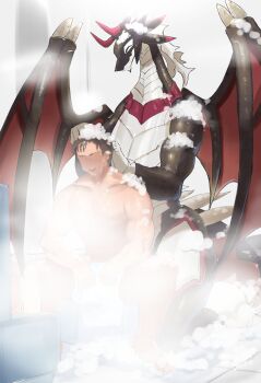 1boy 1girl black_scales claws closed_mouth commentary_request dougaku_(passionpit777) dragon dragon_girl dragon_horns dragon_tail dragon_wings dragonmaid_sheou duel_monster furry furry_female highres horns house_dragonmaid japanese_clothes maid simple_background tail wa_maid western_dragon wings yu-gi-oh!