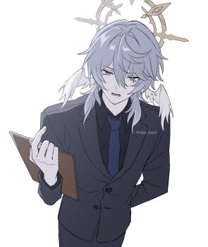 1boy aiga_ippai alternate_costume annoyed backlighting black_shirt black_suit blue_necktie clipboard collared_shirt commentary_request feathered_wings formal_clothes grey_hair halo head_wings highres holding holding_clipboard honkai:_star_rail honkai_(series) leaning_forward long_sleeves male_focus necktie open_mouth shirt short_hair sidelocks simple_background solo spiked_halo suit sunday_(honkai:_star_rail) white_background wings