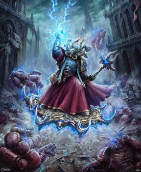 Rule 34 | 2024, 6+boys, adeptus astartes, ahzek ahriman, aiming, architecture, armor, artist logo, artist name, banner, battle, battle standard, blue armor, book, breoys, casting spell, chaos (warhammer), chaos space marine, cloak, cloud, cloudy sky, commentary, death, energy, english commentary, eye symbol, fake horns, fighting stance, floating, full armor, full body, gothic architecture, green sky, helmet, highres, holding, holding bolter, holding scepter, horned helmet, horns, levitation, lightning, logo, magic, multiple boys, ornate armor, outdoors, platform, power armor, psyker, red armor, red cloak, red robe, robe, ruins, scepter, skull, sky, statue, thousand sons, tzeentch (symbol), war banner, warhammer 40k