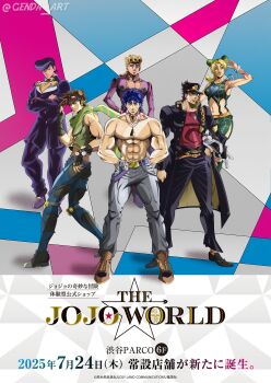 1girl 6+boys abs absurdres animal animal_print anime_coloring araki_hirohiko_(style) arms_behind_back arrow_print baggy_pants battle_tendency beanie belt belt_buckle biceps birthmark black_coat black_gloves black_hair black_pants black_shoes blonde_hair blue_belt blue_bridal_gauntlets blue_eyes blue_hair blue_hat blue_jumpsuit blue_lips blue_pants blue_sailor_collar blue_shoes boots boston_terrier bracelet braid breasts bridal_gauntlets brooch brown_boots brown_hair buckle butterfly_print butterfly_tattoo chain choker cleavage_cutout clothing_cutout coat commentary cone_hair_bun crop_top crossed_arms cuffs denim derivative_work diamond_wa_kudakenai dixie_cup_hat dog double_bun earrings english_commentary feathers fingerless_gloves full_body gakuran genda_art giorno_giovanna gloves goggles goggles_on_head green_boots green_eyes green_hair green_lips green_nails green_scarf green_shirt green_skirt green_tank_top grey_hair grey_pants grey_shoes grey_sleeves groin hair_between_eyes hair_bun hair_ornament hand_on_own_hip handcuffs hands_on_own_hips hat heart heart_brooch heart_cutout heart_ornament higashikata_josuke high_collar highres holding holding_animal hood hood_down hood_up hoodie horse_print horseshoe_hat_ornament horseshoe_ornament iggy_(jojo) jacket jeans jewelry joestar_birthmark jojo_no_kimyou_na_bouken jonathan_joestar joseph_joestar joseph_joestar_(young) jumpsuit kepi knee_pads kuujou_jolyne kuujou_joutarou ladybug_ornament logo long_bangs long_coat long_sleeves looking_at_viewer makeup male_focus manly medium_breasts medium_hair messy_hair midriff military_hat multicolored_hair multicolored_hat multicolored_pants multiple_boys muscular muscular_male nail_polish navel_piercing necklace official_alternate_costume official_style orange_belt orange_lips pants parted_lips peace_symbol pectoral_cleavage pectorals phantom_blood piercing pink_belt pink_jacket pink_pants pompadour purple_belt purple_choker purple_coat purple_hair purple_hat purple_pants purple_shirt purple_shoes red_boots red_shirt red_sleeves redrawn sailor sailor_collar sailor_hat salute scarf school_uniform shadow shirt shoes short_sleeves side_braid single_braid single_earring skirt sleeveless sleeveless_shirt spider_web_print spurs standing star_(symbol) star_hair_ornament star_print stardust_crusaders stone_mask_(jojo) stone_ocean striped_clothes striped_scarf stud_earrings tank_top tattoo teeth terrier_(dog) topless_male triangle_print two-finger_salute two-tone_belt two-tone_hair two-tone_sleeves vento_aureo victory_rolls watch white_hat white_hoodie white_sleeves wing_ornament wristband wristwatch yellow_belt yellow_lips yellow_scarf yellow_shirt