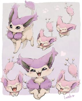Rule 34 | :3, closed eyes, commentary request, delcatty, evolutionary line, fangs, full body, gen 3 pokemon, heart, highres, nekogusa, nintendo, no humans, open mouth, outside border, paw print, pokemon, pokemon (creature), pokemon focus, purple eyes, signature, skitty, smile