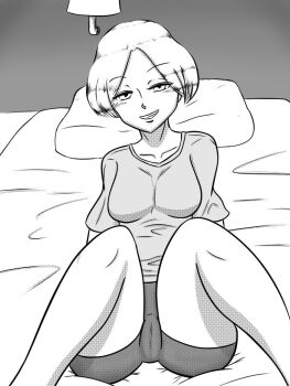 bike_shorts bike_shorts_under_shorts inviting_viewer kimoshii_oyazi narita_miho on_bed pussy_visible_through_pants shorts