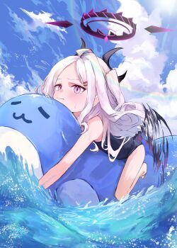 1girl absurdres ahoge black_halo blue_archive blue_sky blush day demon_girl demon_horns demon_wings halo highres hina_(blue_archive) hina_(swimsuit)_(blue_archive) horns long_hair looking_at_viewer ocean old_school_swimsuit outdoors purple_eyes school_swimsuit shimeji_take sky solo swimsuit very_long_hair white_hair wings