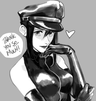 1girl breasts commentary elbow_gloves english_commentary english_text gloves greyscale hair_between_eyes hamletmachine hat heart medium_breasts military_hat monochrome naganawa_nana shibatte_mitsumete sleeveless sleeveless_jacket solo thank_you upper_body