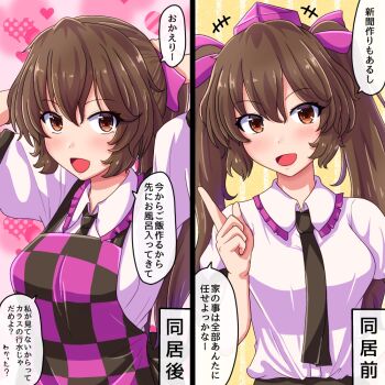 +++ 1girl alternate_hairstyle apron arm_up black_necktie blush breasts brown_eyes brown_hair checkered_apron checkered_clothes commentary_request fusu_(a95101221) hair_between_eyes hair_ribbon hat heart heart_background himekaidou_hatate index_finger_raised looking_at_viewer medium_breasts necktie no_headwear open_mouth ponytail puffy_short_sleeves puffy_sleeves purple_hat ribbon shirt short_hair_with_long_locks short_sleeves solo split_screen tokin_hat touhou translated two_side_up tying_hair upper_body white_shirt