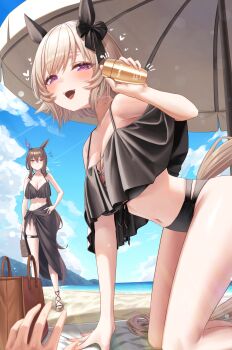1other 2girls absurdres admire_vega_(umamusume) all_fours alternate_costume animal_ears annoyed bare_shoulders beach beach_mat beach_umbrella bikini black_bikini black_sarong blue_sky blush bow breasts brown_bag brown_hair cleavage commentary_request curren_chan_(umamusume) day ear_bow ear_covers ear_ornament grey_hair heart highres holding_sunscreen horse_ears horse_girl horse_tail large_breasts long_hair looking_at_viewer lotion low_ponytail menchi_rishio multiple_girls navel off-shoulder_bikini off_shoulder open_mouth outdoors ponytail purple_eyes red_bow sarong short_hair single_ear_cover sky smile solo_focus squiggle standing sunscreen swimsuit tail thighs umamusume umbrella