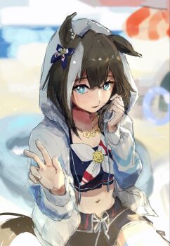 1girl animal_ears az_(azkin_g) beach bikini bikini_shorts blue_bikini blue_eyes blue_swim_trunks blurry blurry_background blush brown_hair cheval_grand_(summer_calm_navy_drop)_(umamusume) cheval_grand_(umamusume) commentary hair_between_eyes heart heart_necklace highres hood hood_up hooded_jacket horse_ears horse_girl horse_tail innertube jacket jewelry long_sleeves looking_at_viewer multicolored_hair navel necklace official_alternate_costume official_alternate_hairstyle open_clothes open_jacket outdoors parted_lips shorts solo streaked_hair swim_ring swimsuit symbol-only_commentary tail umamusume umbrella water white_jacket white_streaks