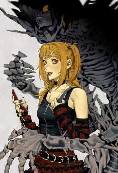 2girls amane_misa arm_warmers bag bare_shoulders belt black_nails black_tank_top blonde_hair bone breasts cellphone chain chain_necklace character_doll charm_(object) choker commentary_request cowboy_shot cross cross_earrings cross_necklace death_note doll earrings flip_phone handbag highres holding holding_phone hoop_earrings japtangtang2 jewelry long_hair looking_at_viewer multiple_girls nail_polish necklace open_mouth phone plaid_clothes plaid_skirt red_eyes rem_(death_note) shinigami skirt slit_pupils smile tank_top teeth twintails upper_teeth_only white_background yellow_eyes