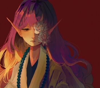 1girl alternate_costume bead_necklace beads black_shirt blonde_hair brown_eyes closed_mouth commentary english_commentary expressionless flower flower_in_eye gradient_hair hatsburg hijiri_byakuren japanese_clothes jewelry kimono light_frown lips long_hair long_sleeves lotus multicolored_hair necklace pointy_ears prayer_beads purple_hair realistic red_background revision shirt simple_background solo symbol_in_eye touhou two-tone_hair upper_body very_long_hair wavy_hair white_flower yellow_kimono