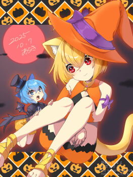 2girls :3 :d animal_ear_fluff animal_ears araki_(qbthgry) arm_bow bare_shoulders bell black_capelet black_dress black_hat blonde_hair blue_eyes blue_hair blue_ribbon bow breasts capelet cat_ears cat_girl cat_tail cirno cleavage closed_mouth cloud cloudy_sky collared_dress commentary_request dated detached_sleeves dress flat_chest gladiator_sandals glowing grey_sky halloween hands_on_another&#039;s_leg hands_under_legs hat hat_ribbon high_collar highres jingle_bell looking_at_another medium_hair mini_person minigirl moon multiple_girls neck_ribbon open_mouth orange_dress orange_hat orange_shorts orange_sleeves pumpkin purple_bow red_eyes red_moon ribbon rumia sandals shorts sky sleeveless sleeveless_dress smile tail tongue top_hat touhou translation_request two-tone_dress witch witch_hat yellow_sandals