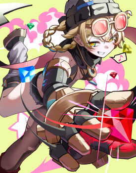 absurdres animal_ear_headwear beanie blue_gem braid braided_hair_rings commentary eyewear_on_head fake_animal_ears gem genshin_impact goggles goggles_on_head green_gem hair_rings hat highres jahoda_(genshin_impact) kraken_bio mechanical_arms pink-tinted_eyewear prosthesis prosthetic_arm red_gem single_mechanical_arm star-shaped_pupils star_(symbol) symbol-shaped_pupils thighhighs tinted_eyewear torn_clothes torn_thighhighs yellow_background yellow_gem