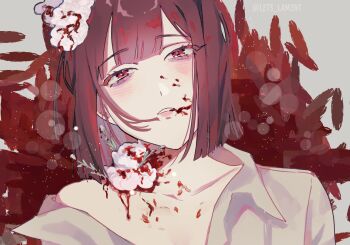 1girl black_hair blood blood_from_mouth blood_on_face blood_on_neck blush bob_cut collarbone collared_shirt commentary english_commentary flower hair_flower hair_ornament lets_lam3nt light_particles limbus_company looking_at_viewer open_clothes open_mouth open_shirt project_moon red_eyes ryoshu_(project_moon) shirt short_hair solo twitter_username white_flower