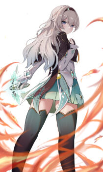 1girl absurdres black_gloves black_hairband breasts closed_mouth commentary fire firefly_(honkai:_star_rail) frilled_sleeves frills gloves green_skirt green_thighhighs grey_hair hair_between_eyes hair_intakes hairband henshin highres honkai:_star_rail honkai_(series) light_blush long_hair long_sleeves looking_at_viewer looking_back medium_breasts multicolored_eyes nenne_(sleeping) partially_fingerless_gloves scar scar_on_face skirt standing thighhighs two-tone_eyes white_background