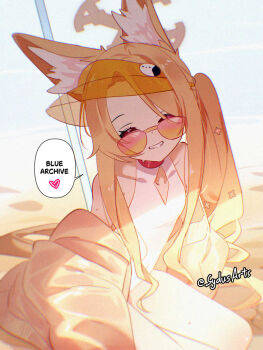 1girl animal_ears bare_shoulders beach blonde_hair blue_archive closed_eyes clothes_down commentary copyright_name english_commentary facing_viewer flat_chest fox_ears grin halo heart highres jacket jpeg_artifacts long_hair official_alternate_costume on_ground one-piece_swimsuit open_clothes open_jacket sand seia_(blue_archive) seia_(swimsuit)_(blue_archive) smile solo speech_bubble spoken_heart sunglasses swimsuit sydus twitter_username visor_cap watermark white_one-piece_swimsuit yellow_jacket
