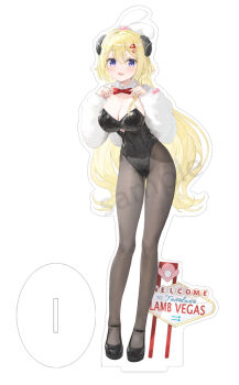 1girl acrylic_stand_(medium) animal_ears black_leotard black_pantyhose black_shoes blonde_hair breasts cleavage commentary_request fake_animal_ears fuumi_(radial_engine) hands_up hololive horns large_breasts leotard long_hair looking_at_viewer open_mouth pantyhose plaid_clothes plaid_skirt purple_eyes rabbit_ears sample_watermark sheep_ears sheep_girl sheep_horns shoes skirt smile solo standing tsunomaki_watame virtual_youtuber watermark