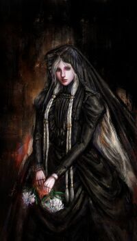 aira_papaaya black_background black_dress black_veil blue_eyes braid center_frills collar commentary doll_joints dress elden_ring elden_ring_nightreign english_commentary flower frilled_collar frilled_veil frills gothic_lolita high_collar highres holding holding_flower joints juliet_sleeves lolita_fashion long_sleeves looking_at_viewer low_twin_braids official_alternate_costume painterly parted_bangs puffy_sleeves revenant_(elden_ring) signature twin_braids veil white_hair