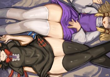 Rule 34 | 103anon, :p, asymmetrical wings, black dress, black hair, black thighhighs, blonde hair, blue wings, bow, bowtie, breasts, center frills, commentary, dress, english commentary, flat chest, frills, grin, hand on own crotch, highres, houjuu nue, impossible clothes, impossible dress, long sleeves, lying, medium breasts, miniskirt, moriya suwako, on back, on bed, purple skirt, purple vest, red bow, red bowtie, red wings, short dress, skirt, smile, take your pick, thigh focus, thighhighs, thighs, tongue, tongue out, touhou, vest, white thighhighs, wings, zettai ryouiki
