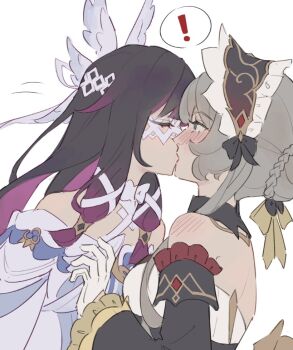 ! 2girls black_hair blush bonnet braid braided_bun columbina_(genshin_impact) commentary detached_sleeves dress english_commentary genshin_impact gloves grey_hair hair_bun kayveris kiss multiple_girls off-shoulder_dress off_shoulder purple_dress purple_streaks sandrone_(genshin_impact) shoulder_blush simple_background spoken_exclamation_mark white_background white_dress white_gloves yuri