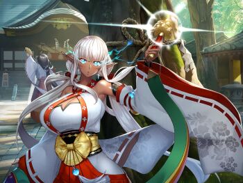 2girls action_taimanin alternate_costume aoi_nagisa_(metalder) bare_shoulders blue_eyes breasts cleavage curvy dark-skinned_female dark_elf dark_skin eleonor_(taimanin_rpgx) elf forest game_cg glowing glowing_eyes green_eyes huge_breasts japanese_clothes kimono lilith-soft long_hair long_sleeves low_twintails miko multiple_girls nature official_alternate_costume official_art outdoors pelvic_curtain pointy_ears shiny_skin sitting taimanin_(series) tree twintails very_long_hair white_hair wide_hips