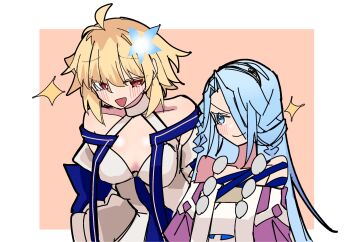 2girls ahoge anklet arcueid_brunestud arcueid_brunestud_(mooncancer) arm_ribbon bare_shoulders blonde_hair blue_dress blue_eyes blue_hair blue_ribbon blush braid breasts choker cleavage commentary_request dress fate/grand_order fate_(series) flower gemini_mujou gold_trim hair_flower hair_intakes hair_ornament hairband highres jewelry long_hair looking_at_another multiple_girls one_eye_covered red_eyes ribbon short_hair smile solo tachi-e twin_braids typhon_ephemeros_(fate) typhon_epsilon_(fate) very_long_hair white_dress