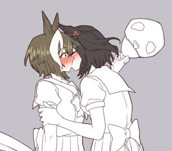 2girls animal_ears black_streaks blue_eyes blush bow bowtie brown_hair cheval_grand_(umamusume) closed_eyes commentary dumd english_commentary grey_background hand_on_another&#039;s_arm hat highres holding holding_unworn_clothes holding_unworn_hat horse_ears horse_tail kiss kissing_barrier_(meme) kitasan_black_(umamusume) meme multiple_girls partially_colored school_uniform serafuku simple_background tail tracen_school_uniform umamusume unworn_hat unworn_headwear upper_body white_streaks yuri