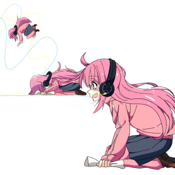 1girl absurdres album_cover_redraw arm_support black_skirt blue_eyes bocchi_the_rock! brown_shoes commentary_request copyright_request derivative_work from_side gotoh_hitori goumonsha headphones highres jacket loafers long_hair long_sleeves open_mouth pants pants_under_skirt pink_hair pink_jacket pink_pants pink_track_suit pleated_skirt seiza shoes simple_background sitting skirt solo track_jacket track_pants track_suit white_background