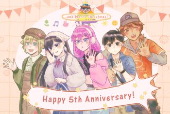 2girls 4boys alternate_costume alternate_hairstyle animal_ear_headphones animal_ears anniversary antenna_hair arm_on_another's_shoulder aubrey_(birthday)_(omori) aubrey_(faraway)_(omori) aubrey_(omori) basil_(birthday)_(omori) basil_(faraway)_(omori) basil_(omori) black_bag black_eyes black_hair blonde_hair blue_bow blue_eyes blue_jacket blue_pants blue_shorts blush bow braid brother_and_sister brothers brown_bag brown_eyes brown_hair brown_hat brown_overalls brown_pants cardigan character_bag chinese_commentary closed_mouth collared_jacket collared_shirt commentary_request crop_top dark-skinned_male dark_skin denim double-parted_bangs english_text fake_animal_ears green_cardigan hair_between_eyes hair_bow hair_ornament hairclip hat headphones headscarf hero_(faraway)_(omori) hero_(omori) highres hood hoodie jacket jeans kel_(birthday)_(omori) kel_(faraway)_(omori) kel_(omori) long_hair long_sleeves looking_at_viewer low_ponytail low_twin_braids mari_(birthday)_(omori) mari_(faraway)_(omori) mari_(omori) merry_christmas mewo multiple_boys multiple_girls navel newsboy_cap official_alternate_costume omori one_eye_closed open_cardigan open_clothes open_jacket open_mouth orange_hoodie overalls pants parallel_hairclips parted_lips pink_cardigan pink_hair ponytail purple_shirt rabbit_ear_headphones rabbit_ears shared_speech_bubble shirt short-sleeved_jacket short_hair short_ponytail short_sleeves shorts siblings sidelocks smile something_(omori) speech_bubble ssnowman0203 sunny_(birthday)_(omori) sunny_(omori) t-shirt twin_braids watch white_headscarf white_jacket white_shirt wristwatch