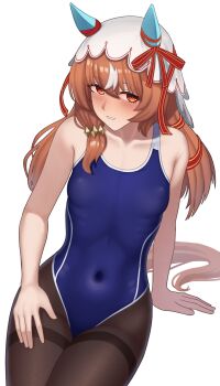 Rule 34 | 1girl, absurdres, animal ears, arm support, bakkasu150, bare arms, bare shoulders, black pantyhose, blue one-piece swimsuit, blush, bow, breasts, brown hair, collarbone, commentary request, competition swimsuit, covered navel, ear covers, ear ribbon, hair between eyes, hair ornament, highres, horse ears, horse girl, horse tail, long hair, looking at viewer, multicolored hair, one-piece swimsuit, pantyhose, pantyhose under swimsuit, parted bangs, red eyes, ribbon, school swimsuit, simple background, small breasts, smile, solo, still in love (umamusume), streaked hair, swimsuit, tail, umamusume, veil, white background, white streaks, white veil