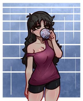 1girl azumanga_daiou black_hair black_shorts blue_background breasts brown_eyes cleavage coffee_mug cup drinking half-closed_eyes highres long_hair medium_breasts mug rain red_tank_top shiny_skin shorts standing strap_slip tanizaki_yukari tank_top te_maldigo wavy_hair