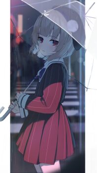 1girl absurdres beret black_hat black_shirt black_skirt blue_bow blue_bowtie blue_ribbon blurry blurry_background blush bongk border bow bowtie collar colored_inner_hair commentary cowboy_shot crosswalk grey_hair hair_ornament hat highres holding holding_umbrella long_sleeves multicolored_hair night open_mouth outside_border pinstripe_pattern pinstripe_shirt pinstripe_skirt pom_pom_(clothes) pom_pom_brooch pom_pom_hair_ornament rain red_hair red_light ribbon shirt short_hair skirt sleeve_cuffs solo transparent transparent_umbrella ui_(voisona) umbrella voisona white_border white_collar white_hair