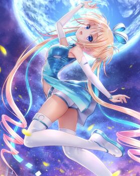 Rule 34 | 1girl, :d, ass, bare shoulders, black shorts, blonde hair, blue dress, blue eyes, blush, boots, breasts, commentary request, curly hair, detached sleeves, dress, eyes visible through hair, floating hair, foot out of frame, goto p, hair between eyes, impossible clothes, long hair, looking up, lunar-q, lunaria -virtualized moonchild-, medium breasts, navel, open mouth, outdoors, planet, shorts, sky, smile, solo, sparkle, star (sky), starry sky, thigh boots, twintails, very long hair