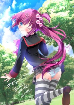 Rule 34 | 1girl, ;q, asahina yori, ass, black jacket, blue eyes, blue sky, blush, bow, bowtie, closed mouth, clothes lift, cloud, commentary request, commission, day, dutch angle, eyes visible through hair, floating hair, foot out of frame, from behind, grey skirt, hair between eyes, hair bobbles, hair ornament, head tilt, highres, jacket, little busters!, little busters! school uniform, long hair, long sleeves, looking at viewer, looking back, miniskirt, one eye closed, one side up, outdoors, panties, pantyshot, pink bow, pink bowtie, pink hair, plaid clothes, plaid skirt, pleated skirt, saigusa haruka, school uniform, second-party source, shoe soles, side ponytail, sidelocks, skeb commission, skirt, skirt lift, sky, smile, solo, standing, standing on one leg, striped clothes, striped panties, striped thighhighs, thighhighs, thighs, tongue, tongue out, tree, underwear, very long hair, white panties, wind, wind lift