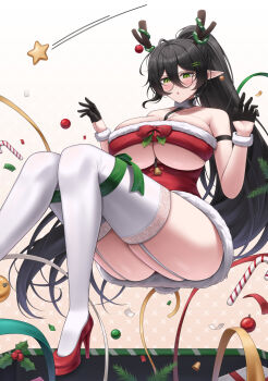 1girl :o antlers black_gloves black_hair blush breasts candy candy_cane christmas cleavage commentary_request dress food garter_straps glasses gloves gradient_background green_eyes hair_between_eyes hair_ornament hairclip high_heels highres horns large_breasts lazb. long_hair open_mouth pointy_ears ponytail red_shoes reindeer_antlers santa_costume santa_dress shoes solo star_(symbol) thighhighs thighs trickcal underwear very_long_hair white_garter_straps white_thighhighs
