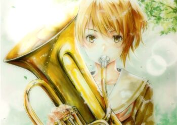 1girl branch brown_eyes brown_hair brown_serafuku brown_shirt collarbone commentary_request euphonium hibike!_euphonium highres holding holding_instrument instrument katsu_(24791909) kitauji_high_school_uniform lens_flare looking_at_viewer marker_(medium) mouth_hold music neckerchief oumae_kumiko playing_instrument red_neckerchief sailor_collar school_uniform serafuku shirt short_hair solo traditional_media upper_body white_sailor_collar winter_uniform