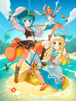 Rule 34 | 3boys, 3girls, acerola (pokemon), acerola (summer 2024) (pokemon), alternate costume, artist name, beach, belt, blonde hair, blue belt, blue dress, blue eyes, blue hair, blue hat, blue sailor collar, blue sky, blush, boots, braid, brown footwear, brown skirt, brown vest, closed eyes, cloud, cosplay, crasher wake, crop top, cropped shirt, cropped vest, day, dress, flower, frilled sleeves, frills, gardenia (pokemon), gardenia (pokemon) (cosplay), gardenia (summer 2024) (pokemon), green eyes, green hair, grin, hair flower, hair ornament, hat, hat feather, high heels, highres, holding, holding map, kinocopro, lana (pokemon), layered skirt, lear (pokemon), lillie (pokemon), long hair, mallow (pokemon), map, masked royal, multiple boys, multiple girls, navel, neckerchief, nintendo, official alternate costume, on one knee, open mouth, orange skirt, outdoors, palm tree, pink flower, pirate costume, pirate hat, pointing, pokemon, pokemon dppt, pokemon masters ex, pokemon sm, red flower, red footwear, red neckerchief, sailor collar, sand, shirt, short hair, skirt, sky, sleeveless, sleeveless dress, smile, swimmer (pokemon), tree, twin braids, twintails, two-tone dress, two-tone skirt, vest, water, white dress, white shirt