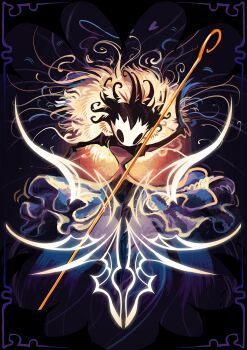 1other absurdres black_background black_hair black_skin brown_dress colored_skin colorful_background dress facing_viewer floating_clothes floating_hair highres holding holding_weapon hollow_eyes hollow_knight hollow_knight:_silksong llama_pear looking_down mask orange_background other_focus outstretched_arms phantom_(hollow_knight) pin_(hollow_knight) purple_background see-through_clothes see-through_dress short_hair sleeveless sleeveless_dress solo spiked_hair strapless strapless_dress string striped_background weapon white_mask yellow_fur