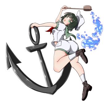 1girl absurdres anchor anchor_symbol ass black_hair black_shoes character_name collared_shirt full_body green_eyes hat highres holding holding_ladle kakko_hampen ladle murasa_minamitsu neckerchief open_mouth pocket red_neckerchief sailor_collar sailor_hat shirt shoes short_sleeves shorts socks solo touhou transparent_background water white_hat white_shirt white_shorts white_socks