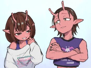 1boy 1girl bob_cut brown_hair closed_mouth collarbone colored_skin crop_top crossed_arms fang grin hair_between_eyes hair_slicked_back iwao_kanata kujo_chiharu looking_at_another milky_galactic_universe milky_subway off_shoulder orego oversized_clothes pink_skin pointy_ears purple_shirt shirt simple_background smile sweater tank_top upper_body white_background white_sweater