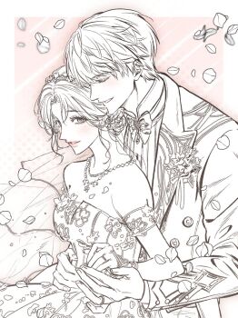 1boy 1girl bare_shoulders blush border bow bowtie breasts bridal_veil bride caleb_(love_and_deepspace) closed_eyes collared_shirt couple detached_sleeves falling_petals groom hair_between_eyes hands_on_another&#039;s_waist head_wreath hetero husband_and_wife jacket jewelry love_and_deepspace medium_breasts multiple_necklaces parted_bangs parted_lips petals pink_background protagonist_(love_and_deepspace) ring shirt short_hair smile suit_jacket ulin_1 updo upper_body veil wedding_ring white_border