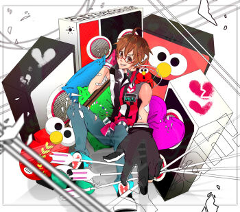 1boy amatsuki_(utaite) artist_request brown_eyes brown_hair commentary_request elmo indie_utaite looking_at_viewer male_focus non-web_source open_mouth pants sesame_street shirt short_hair simple_background smile solo source_request translation_request two-sided_shirt utaite