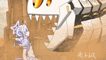 1girl binah_(blue_archive) blue_archive canyon dress flat_chest from_side halo imminent_death kaya_kawayui magical_girl mahou_shoujo_madoka_magica mahou_shoujo_madoka_magica_(anime) mami_mogu_mogu outdoors parody purple_dress purple_hair purple_halo reisa_(blue_archive) reisa_(magical)_(blue_archive) sand sandstorm scene_reference upper_body wide-eyed