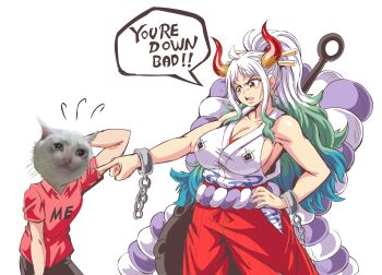 1girl 1other ahoge angry arms_behind_head artist_self-insert bare_arms bare_shoulders blue_hair breasts brown_eyes cat chain cleavage club club_(weapon) collared_shirt commentary cowboy_shot cuffs curled_horns english_commentary english_text flying_sweatdrops green_hair hair_ornament hair_stick hakama hakama_pants height_difference high_ponytail highres horns huge_breasts japanese_clothes kanabou kimono lewdamone long_hair multicolored_hair multicolored_horns one_piece oni open_mouth outstretched_arm pants photo_insert pointing pointing_at_another ponytail red_hakama red_horns rope scolding shackles shimenawa shirt short_sleeves sideboob simple_background sleeveless sleeveless_kimono speech_bubble standing sweat v-shaped_eyebrows very_long_hair weapon weapon_on_back white_background white_hair yamato_(one_piece) yellow_horns