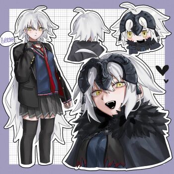 Rule 34 | 1girl, ahoge, blush stickers, chibi, commentary, english text, fate/grand order, fate (series), from behind, grey hair, hair between eyes, headpiece, highres, jeanne d'arc alter (avenger) (fate), jeanne d'arc alter (fate), long hair, looking at viewer, machi ne, multiple views, necktie, open mouth, pseudo-tokyo school uniform, red necktie, school uniform, short hair, smile, solo, speech bubble, yellow eyes