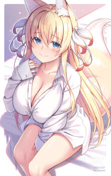 1girl animal_ear_fluff animal_ears between_legs blonde_hair blue_eyes blush bow breasts cleavage closed_mouth collarbone cowboy_shot dated fox_ears fox_girl fox_tail hair_bow hand_between_legs hand_on_own_chest highres konoha_(nozomi_tsubame) large_breasts light_particles long_hair looking_at_viewer naked_shirt nozomi_tsubame on_bed original shadow shirt sitting smile solo straight_hair tail thighs twitter_username