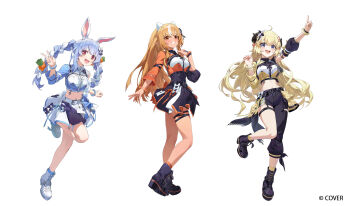 3girls :d animal_ears asymmetrical_clothes asymmetrical_sleeves black_pants black_shirt black_skirt boots carrot_hair_ornament collared_shirt color-coded commentary_request company_name concert copyright_notice cropped_shirt dark-skinned_female dark_elf dark_skin detached_sleeves elf food-themed_hair_ornament full_body hair_ornament highres hololive hololive_english hololive_idol_uniform_(color_rise) horns idol idol_clothes lace-up_boots long_hair looking_at_viewer midriff miniskirt mismatched_sleeves multicolored_shirt multiple_girls navel official_alternate_costume official_art open_mouth pants platform_boots pointy_ears puffy_detached_sleeves puffy_short_sleeves puffy_sleeves r1zen rabbit_ears rabbit_girl sheep_girl sheep_horns shiranui_flare shirt short_hair short_sleeves simple_background single_detached_sleeve single_pantsleg single_sleeve skirt smile standing tail thighhighs tsunomaki_watame usada_pekora very_long_hair virtual_youtuber white_background white_shirt white_skirt white_thighhighs